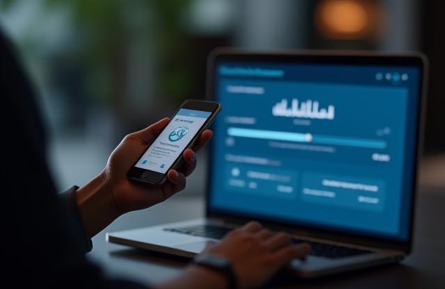 Person tracking mobile repair status on a screen
